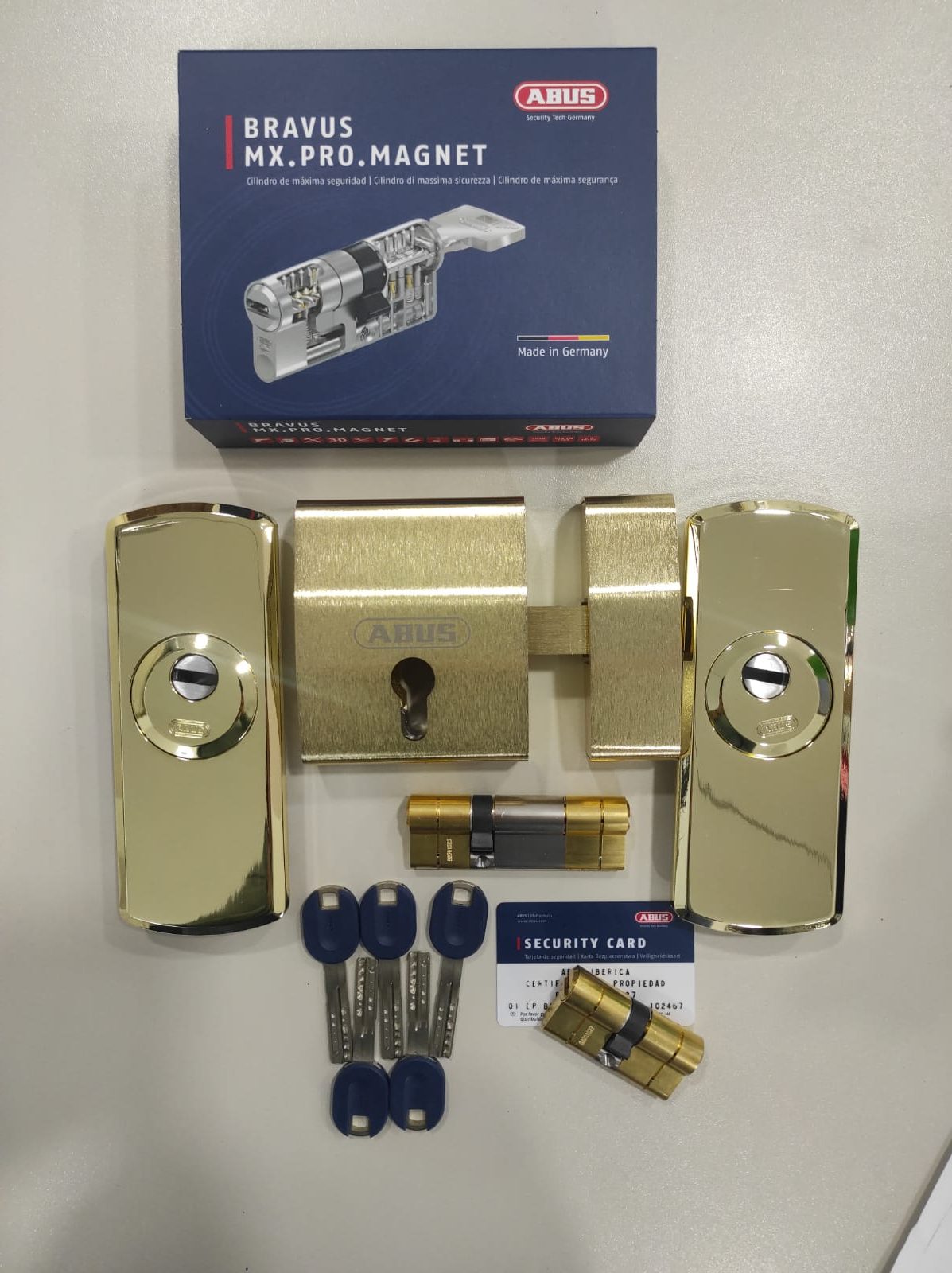 Pack Security ABUS: Cerrojo Europerfil, 2 cilindros ABUS BRAVUS MX PRO MAGNET y 2 escudos de seguridad